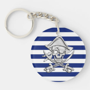 Chrome Like Pirate on Navy Stripes Key Ring