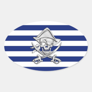 Chrome Like Pirate on Navy Stripes Oval Sticker