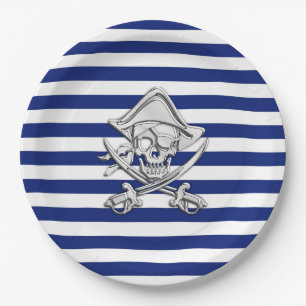 Chrome Like Pirate on Navy Stripes Paper Plate
