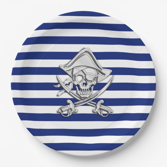 Chrome Like Pirate on Navy Stripes Paper Plate (Front)