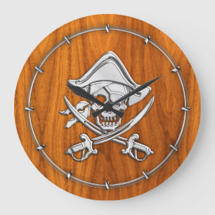 Chrome Like Pirate on Teak Veneer Large Clock
