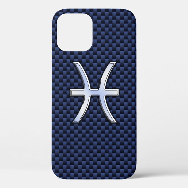 Chrome Like Pisces Sign on Blue Carbon Fiber Print Case-Mate iPhone Case (Back)