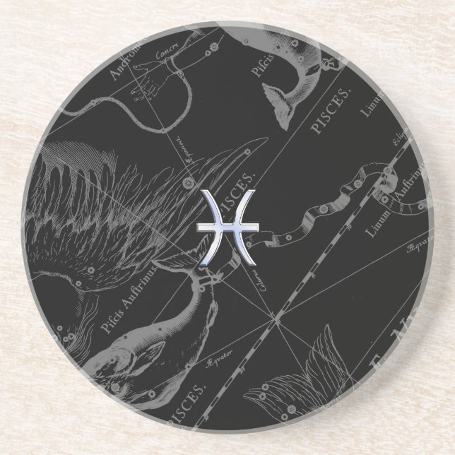 Chrome like Pisces Zodiac Sign on Black Hevelius Coaster (Front)