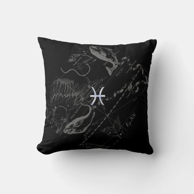Chrome like Pisces Zodiac Sign on Black Hevelius Cushion (Front)