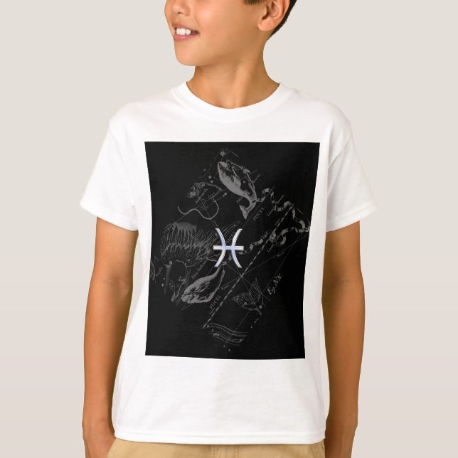 Chrome like Pisces Zodiac Sign on Black Hevelius T-Shirt (Front)