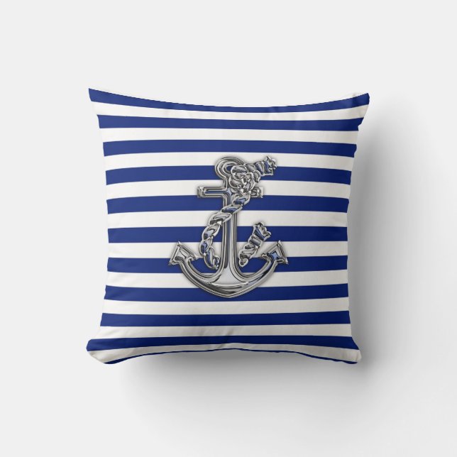 Chrome Like Rope Anchor on Nautical Stripes Cushion (Front)