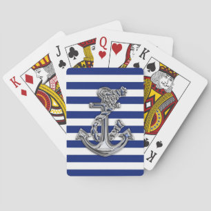 Chrome Like Rope Anchor on Nautical Stripes Decor Playing Cards