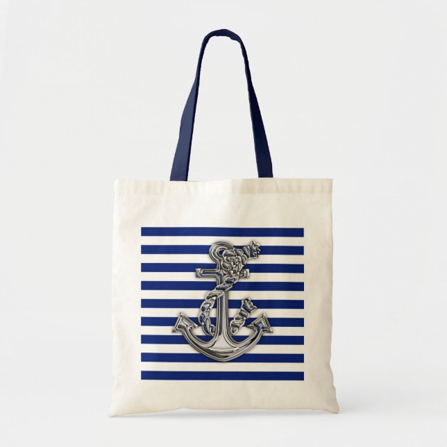Chrome Like Rope Anchor on Nautical Stripes Decor Tote Bag (Front)