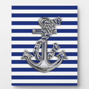 Chrome Like Rope Anchor on Nautical Stripes Plaque