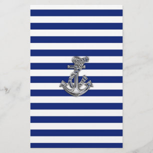 Chrome Like Rope Anchor on Nautical Stripes Stationery