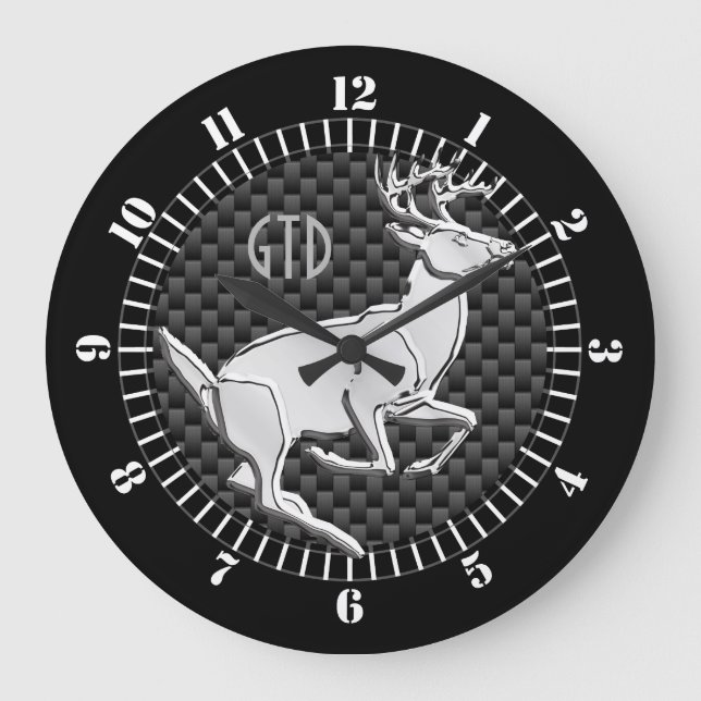 Chrome Like Running Deer Carbon Print Monogram Large Clock (Front)