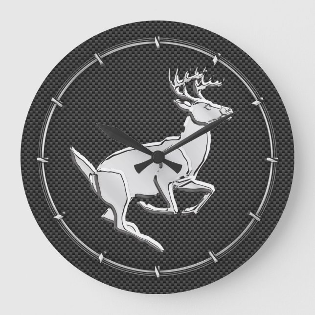 Chrome Like Running Deer on Carbon Fiber Print Large Clock (Front)