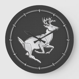 Chrome Like Running Deer on Carbon Fibre Print Large Clock