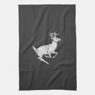 Chrome Like Running Deer on Carbon Fibre Print Tea Towel