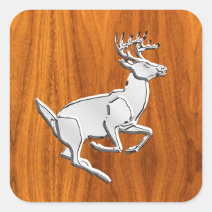 Chrome Like Running Deer on Fine Teak Print Square Sticker