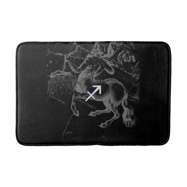 Chrome Like Sagittarius Sign on Black Hevelius Bath Mat (Front)