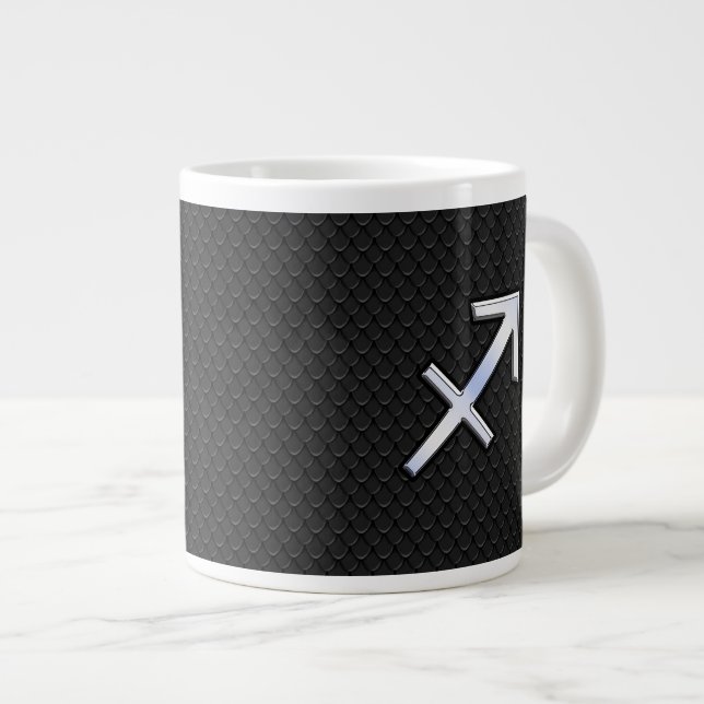 Chrome Like Sagittarius Zodiac Sign on Black Large Coffee Mug (Front Right)