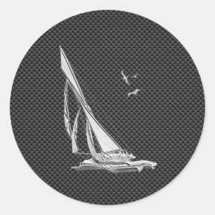 Chrome Like Sailboat on Carbon Fibre Classic Round Sticker