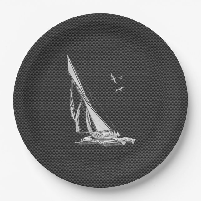 Chrome Like Sailboat on Carbon Fibre Paper Plate (Front)