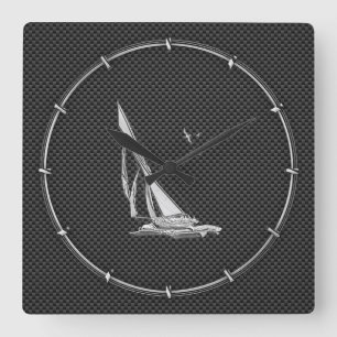 Chrome Like Sailboat on Carbon Fibre Square Wall Clock