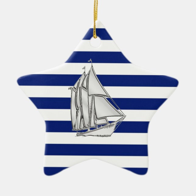 Chrome Like Sailboat on Nautical Stripes Ceramic Ornament (Front)