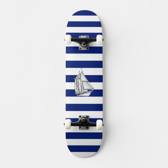 Chrome Like Sailboat on Nautical Stripes Skateboard (Front)