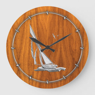 Chrome Like Sailboat on Teak Veneer Large Clock