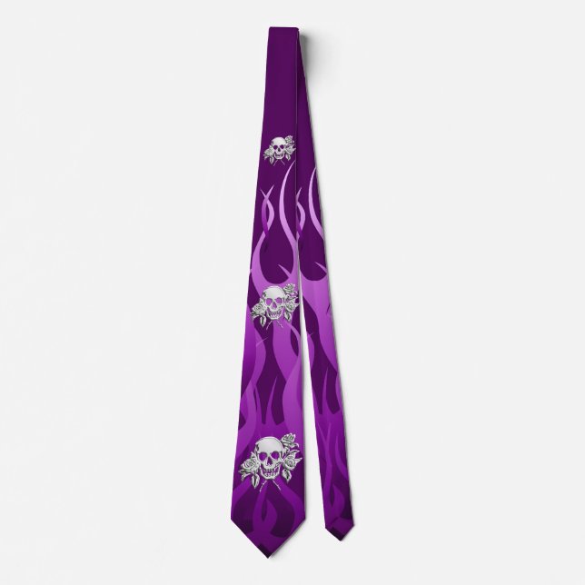 Chrome Like Skull and Roses Purple Racing Flames Tie (Front)