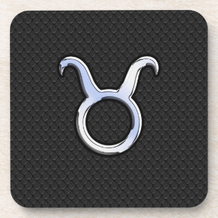 Chrome Like Taurus Sign on Black Snake Skin Coaster