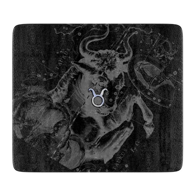 Chrome like Taurus Zodiac on Hevelius Black Cutting Board (Front)