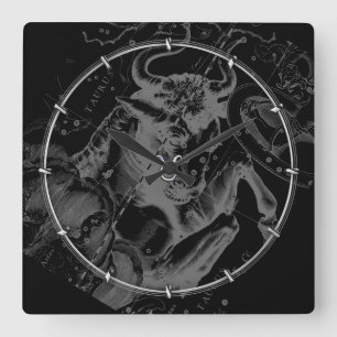 Chrome like Taurus Zodiac on Hevelius Black Square Wall Clock
