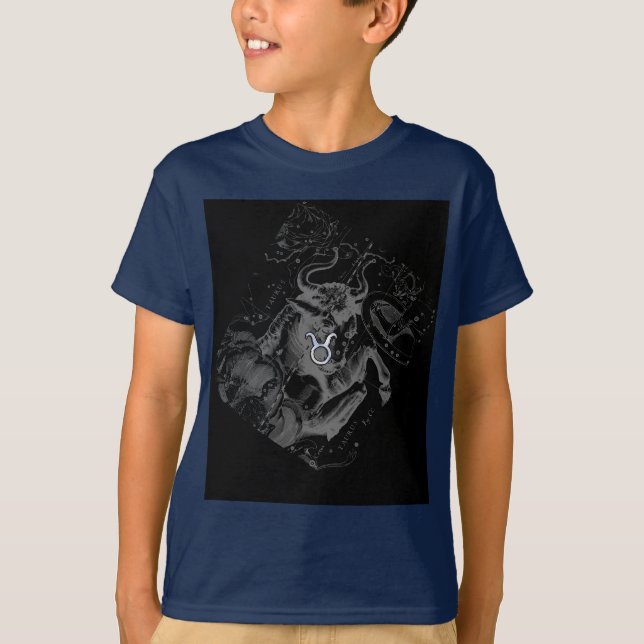 Chrome like Taurus Zodiac on Hevelius Black T-Shirt (Front)