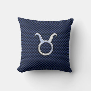 Chrome Like Taurus Zodiac Sign Blue Carbon Print Cushion