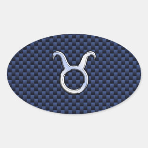 Chrome Like Taurus Zodiac Sign Blue Carbon Print Oval Sticker