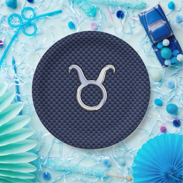 Chrome Like Taurus Zodiac Sign Blue Carbon Print Paper Plate (Party)