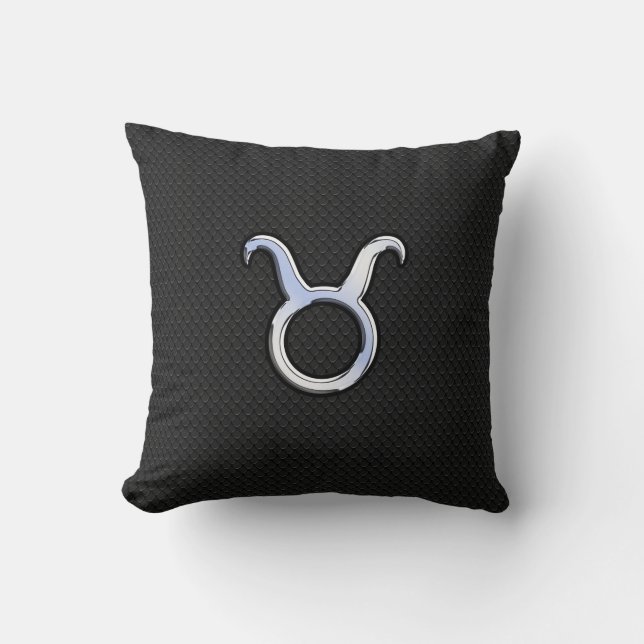 Chrome Like Taurus Zodiac Sign on Black Snake Skin Cushion (Front)
