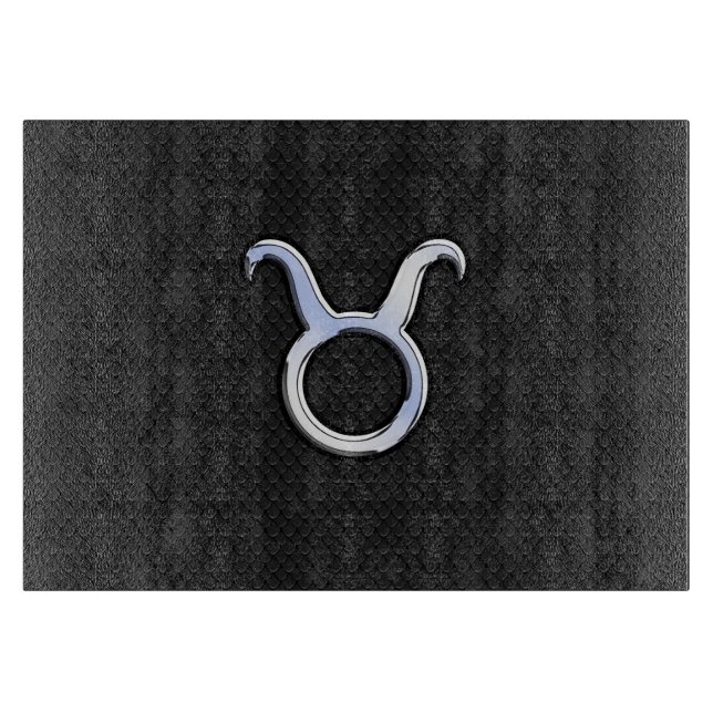 Chrome Like Taurus Zodiac Sign on Black Snake Skin Cutting Board (Front)