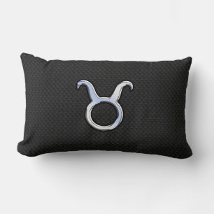 Chrome Like Taurus Zodiac Sign on Black Snake Skin Lumbar Cushion