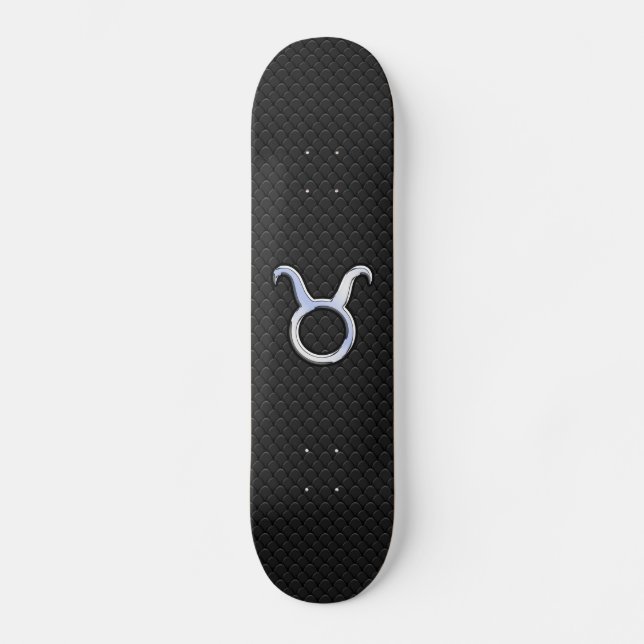 Chrome Like Taurus Zodiac Sign on Black Snake Skin Skateboard (Front)