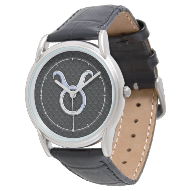 Chrome Like Taurus Zodiac Sign on Black Snake Skin Watch (Angled)