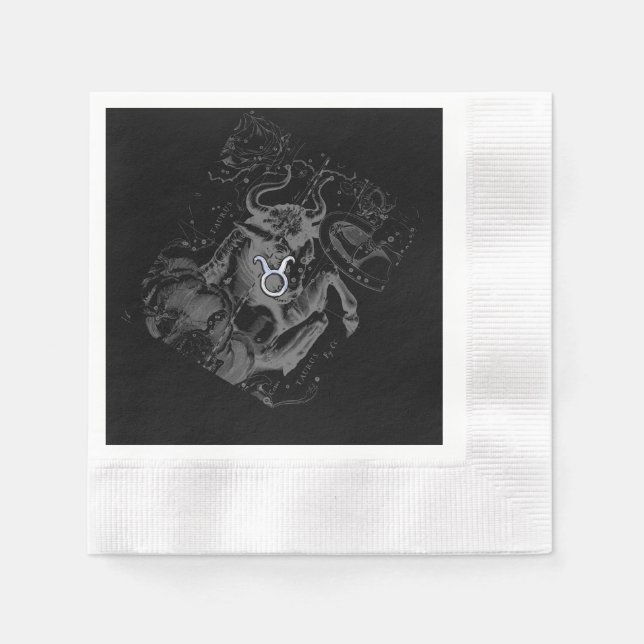Chrome like Taurus Zodiac Sign on Hevelius Black Napkin (Front)