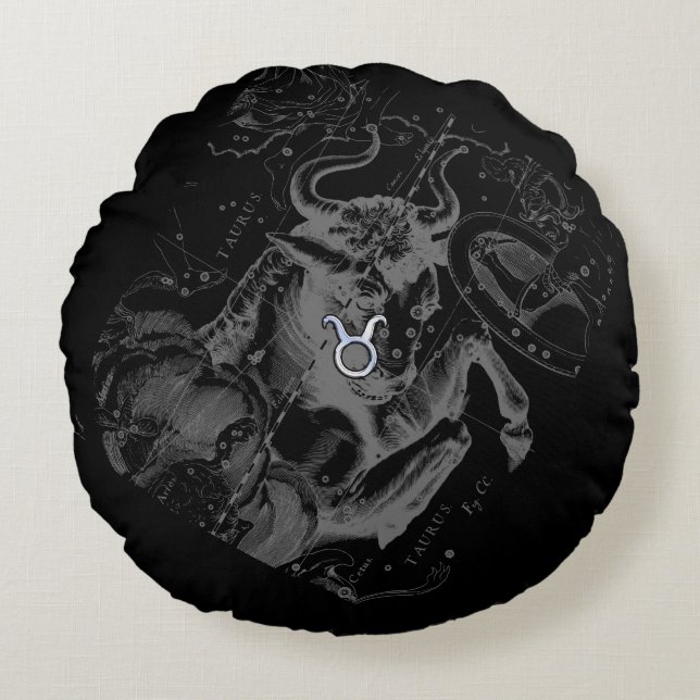 Chrome like Taurus Zodiac Sign on Hevelius Round Cushion (Front)