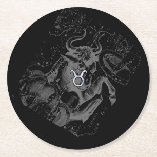 Chrome like Taurus Zodiac Sign on Hevelius Round Paper Coaster