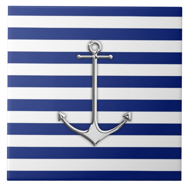Chrome Like Thin Anchor on Nautical Stripes Ceramic Tile (Front)