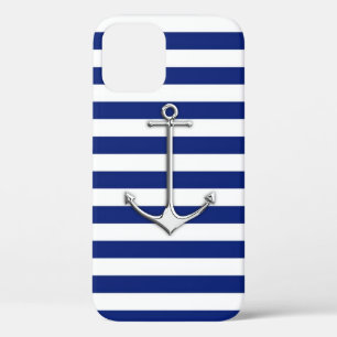 Chrome Like Thin Anchor on Nautical Stripes Decor iPhone 12 Case
