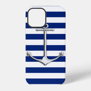 Chrome Like Thin Anchor on Nautical Stripes Decor iPhone 12 Case