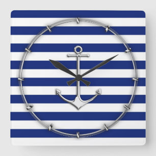 Chrome Like Thin Anchor on Nautical Stripes Square Wall Clock