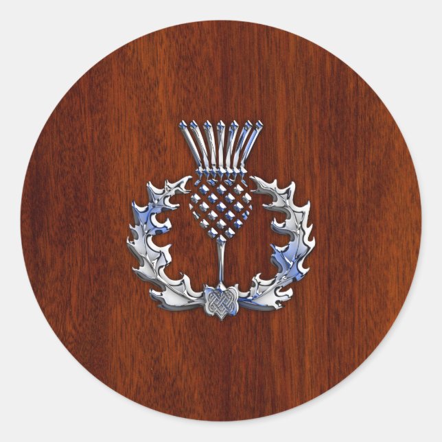 Chrome Like Thistle on Mahogany Wood Style Classic Round Sticker (Front)