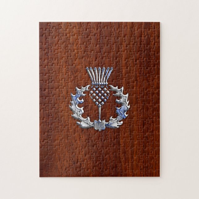 Chrome Like Thistle on Mahogany Wood Style Jigsaw Puzzle (Vertical)