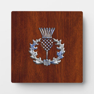 Chrome Like Thistle on Mahogany Wood Style Plaque